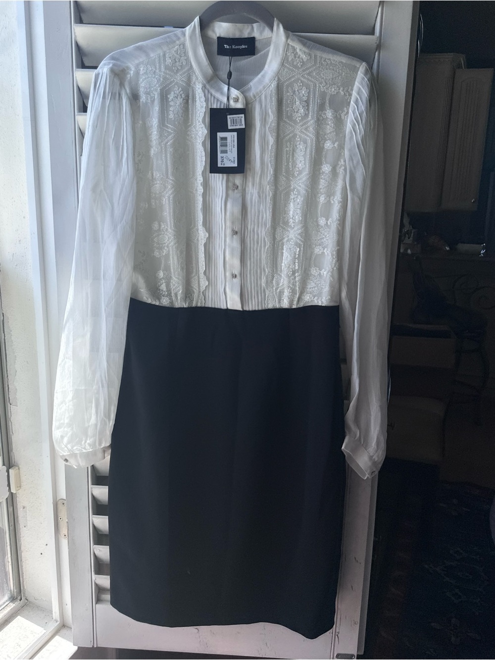 The Kooples White Embroidered Sheer-Sleeve Black Skirt Dress